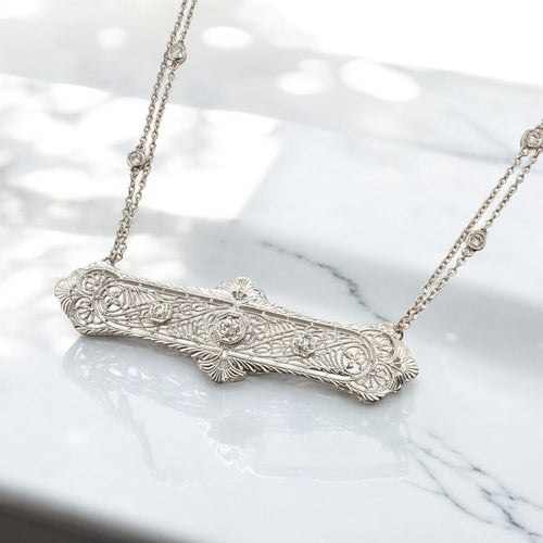 Vintage Filigree Diamond Brooch Conversion Necklace