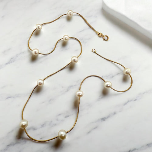 Vintage Pearl Bead Gold Station Necklace