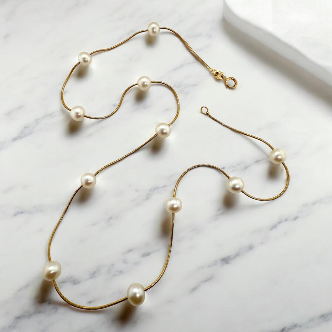 Vintage Pearl Bead Gold Station Necklace