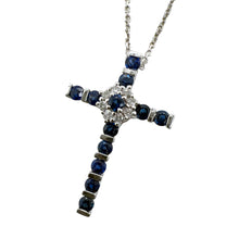 Dainty Sapphire & Diamond Cross Necklace 14K White Gold