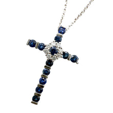 Dainty Sapphire & Diamond Cross Necklace 14K White Gold
