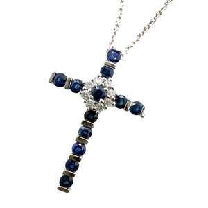 Dainty Sapphire & Diamond Cross Necklace 14K White Gold
