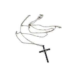Dainty Sapphire & Diamond Cross Necklace 14K White Gold