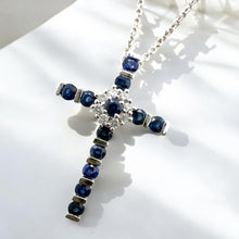 Dainty Sapphire & Diamond Cross Necklace 14K White Gold
