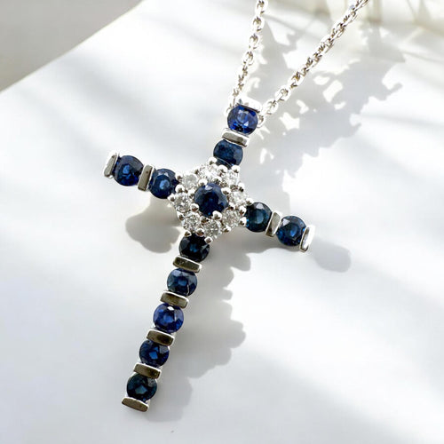 Dainty Sapphire & Diamond Cross Necklace 14K White Gold