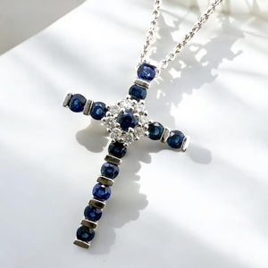 Dainty Sapphire & Diamond Cross Necklace 14K White Gold
