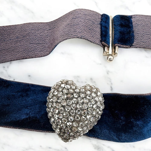 Vintage Georgian Era Rose Cut Diamond Blue Velvet Choker Necklace