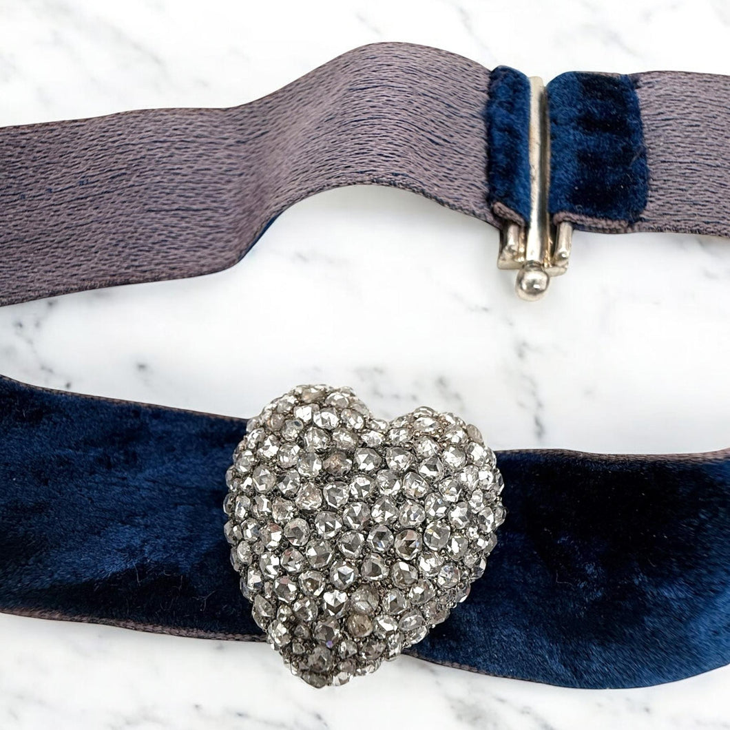 Vintage Georgian Era Rose Cut Diamond Blue Velvet Choker Necklace
