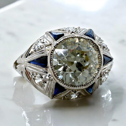 Vintage Art Deco 1.97 Carat Old European Cut Diamond & Sapphire Engagement Ring