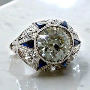 Vintage Art Deco 1.97 Carat Old European Cut Diamond & Sapphire Engagement Ring