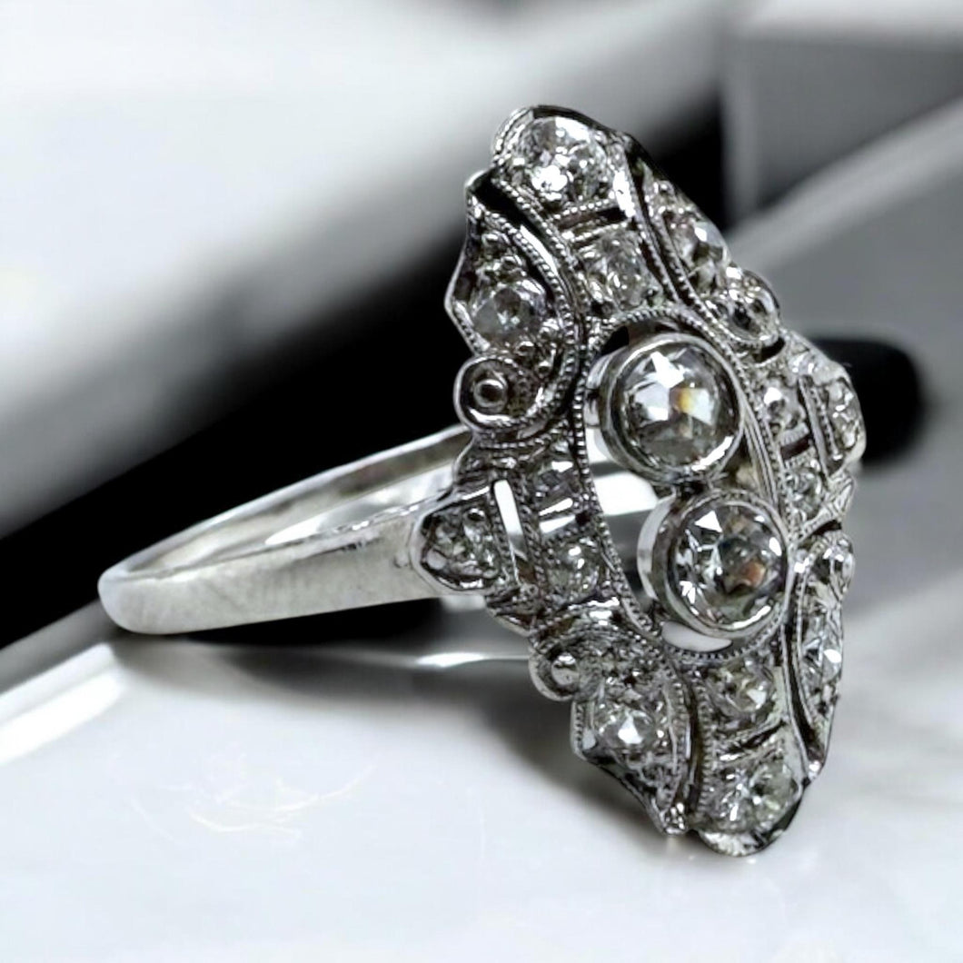 Vintage Dainty Old European Cut Diamond Cocktail Ring 18K White Gold