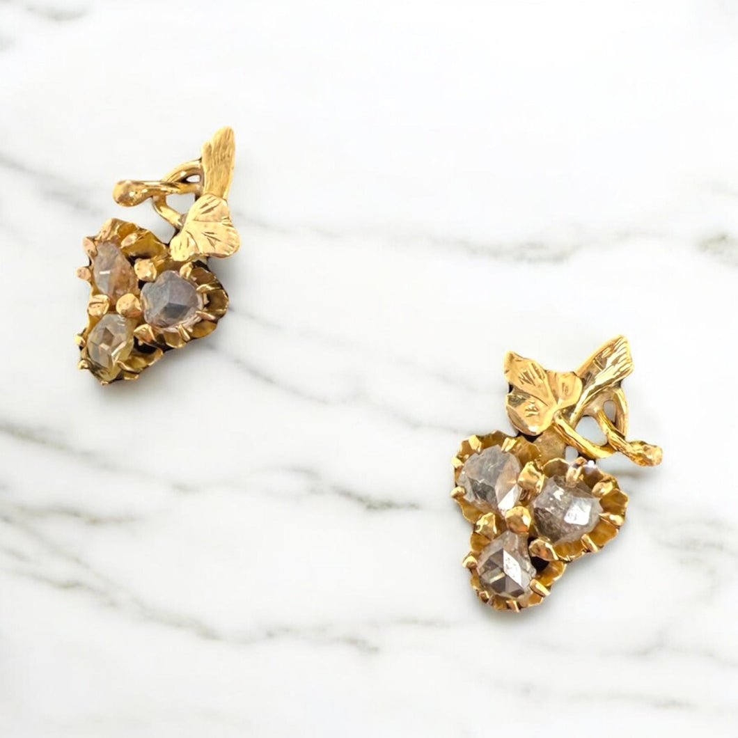 Vintage Rose Cut Diamond Grape Leaf Earrings 14K Yellow Gold