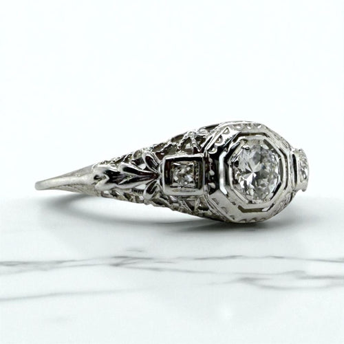 Vintage Dainty Filigree Diamond Ring 18K White Gold