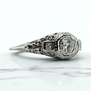 Vintage Dainty Filigree Diamond Ring 18K White Gold