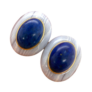 Unique Lapis & Blue Agate Gold Statement Earrings 14K