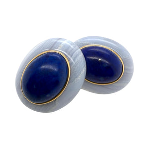 Unique Lapis & Blue Agate Gold Statement Earrings 14K