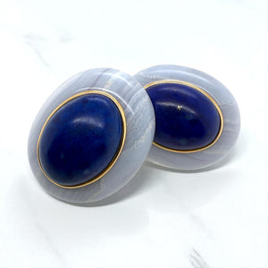 Unique Lapis & Blue Agate Gold Statement Earrings 14K