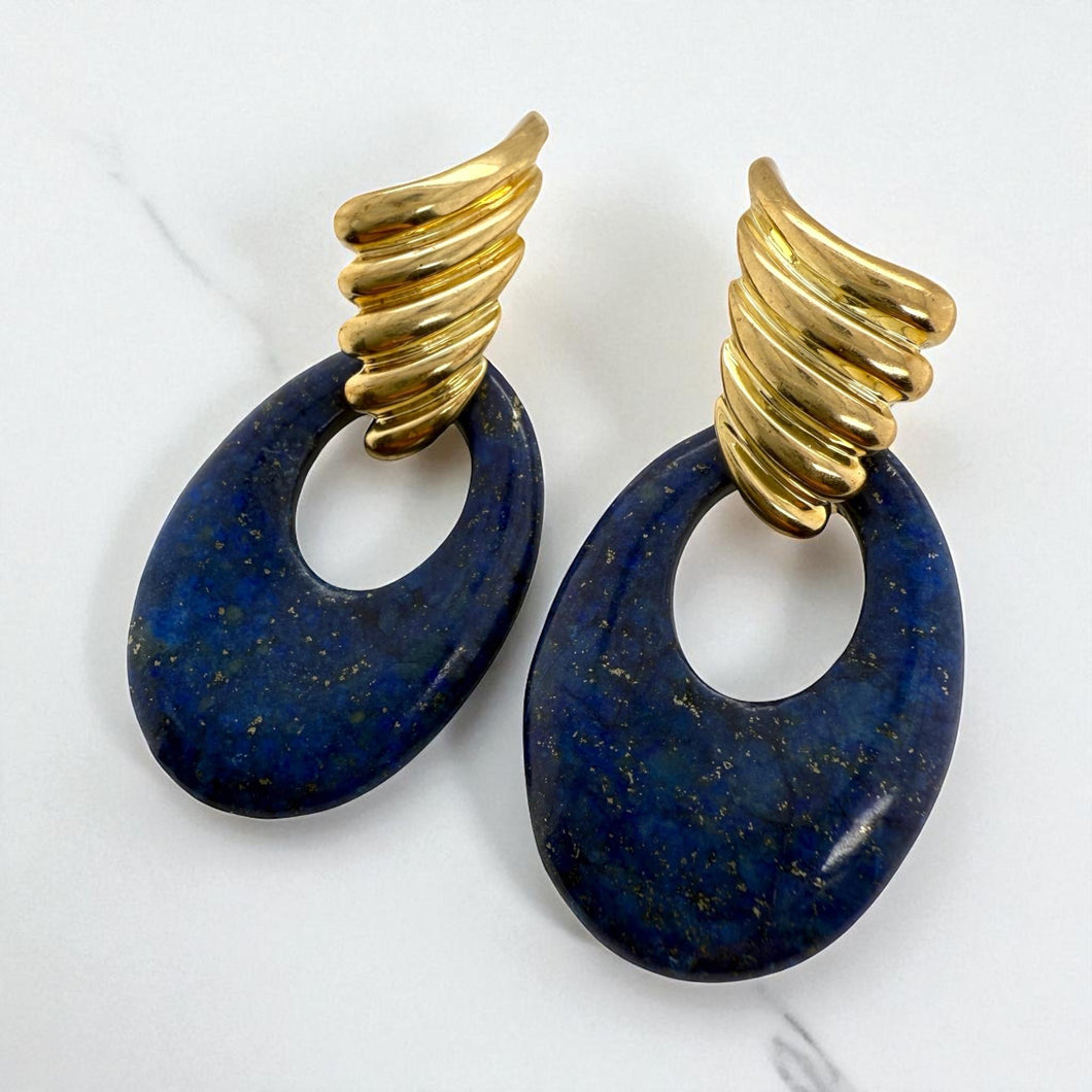 Unique Large Statement Lapis Earrings 14K Yellow Gold