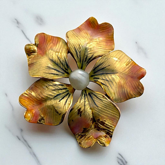Vintage Enamel Flower Brooch Conversion Pendant 14K Yellow Gold
