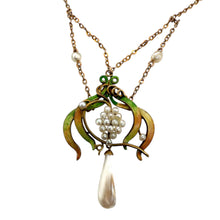Vintage Enamel Lavalier Pearl Necklace Yellow Gold