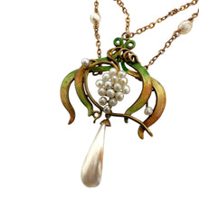 Vintage Enamel Lavalier Pearl Necklace Yellow Gold