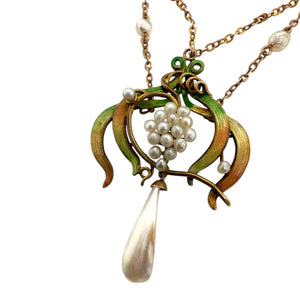 Vintage Enamel Lavalier Pearl Necklace Yellow Gold