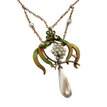 Vintage Enamel Lavalier Pearl Necklace Yellow Gold