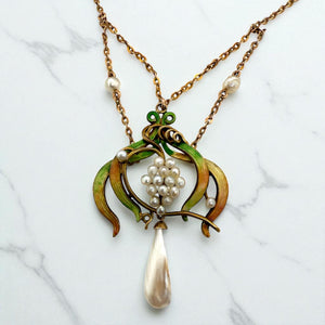 Vintage Enamel Lavalier Pearl Necklace Yellow Gold