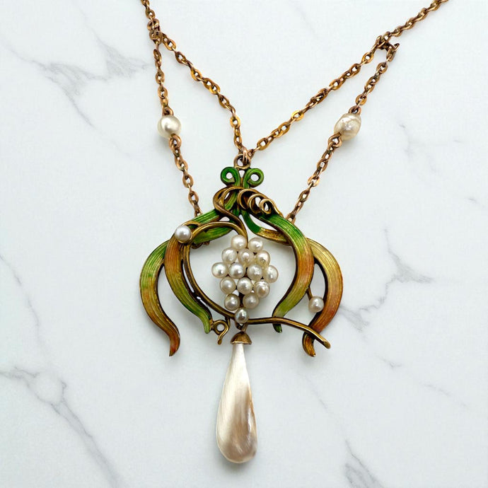 Vintage Enamel Lavalier Pearl Necklace Yellow Gold