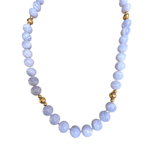 Vintage Blue Agate Gold Bead Necklace 14K