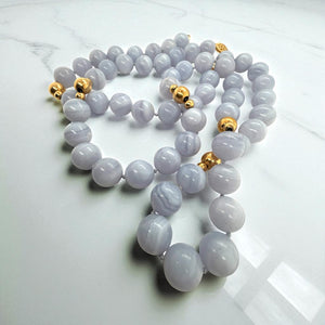 Vintage Blue Agate Gold Bead Necklace 14K