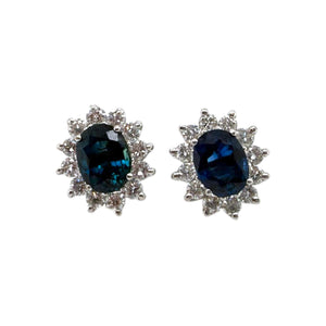 Vintage Sapphire & Diamond Halo Earrings 18K White Gold