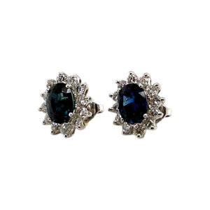 Vintage Sapphire & Diamond Halo Earrings 18K White Gold