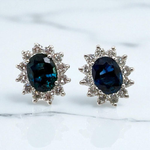Vintage Sapphire & Diamond Halo Earrings 18K White Gold