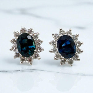 Vintage Sapphire & Diamond Halo Earrings 18K White Gold