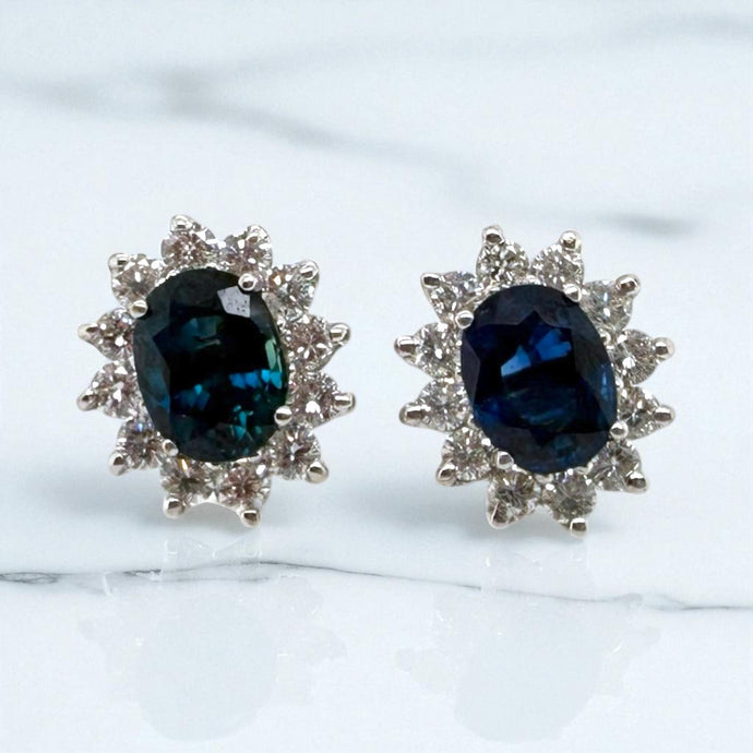 Vintage Sapphire & Diamond Halo Earrings 18K White Gold