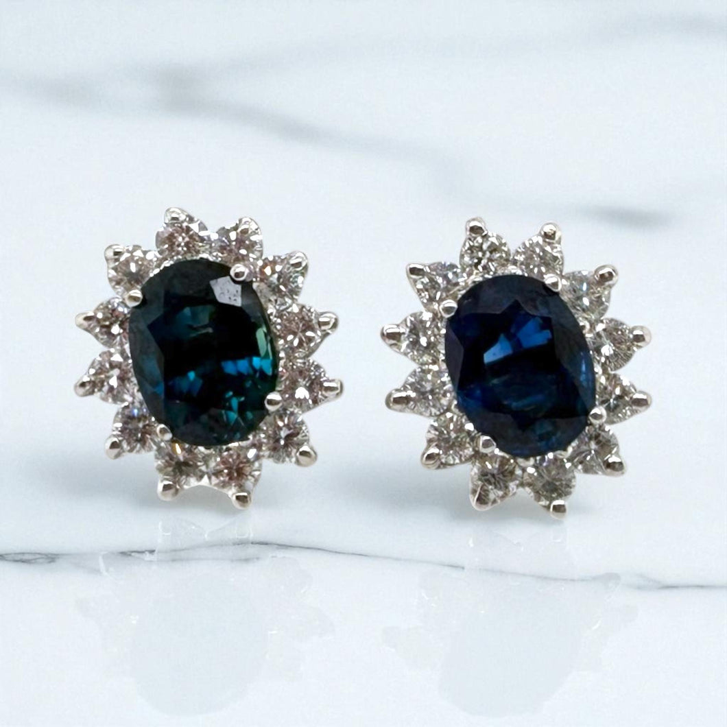 Vintage Sapphire & Diamond Halo Earrings 18K White Gold