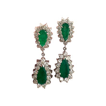 Vintage Emerald & Diamond Dangle Earrings 14K White Gold