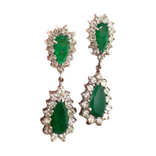 Vintage Emerald & Diamond Dangle Earrings 14K White Gold