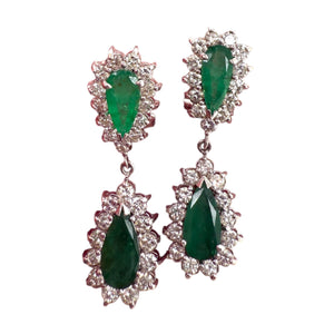 Vintage Emerald & Diamond Dangle Earrings 14K White Gold