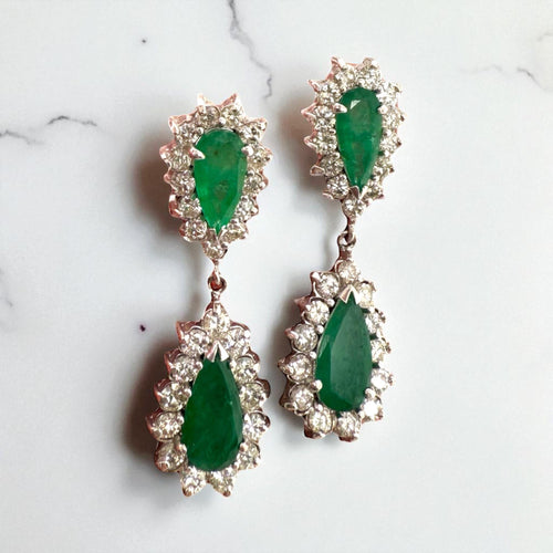 Vintage Emerald & Diamond Dangle Earrings 14K White Gold