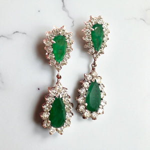 Vintage Emerald & Diamond Dangle Earrings 14K White Gold