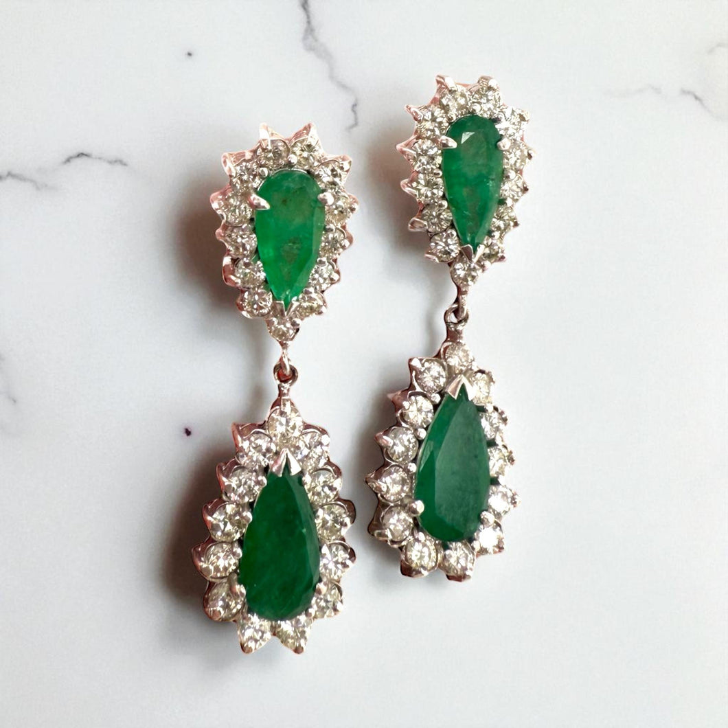 Vintage Emerald & Diamond Dangle Earrings 14K White Gold