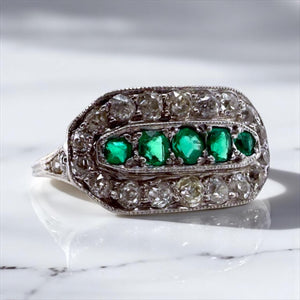 Vintage Art Deco Era Emerald & Diamond Cocktail Ring