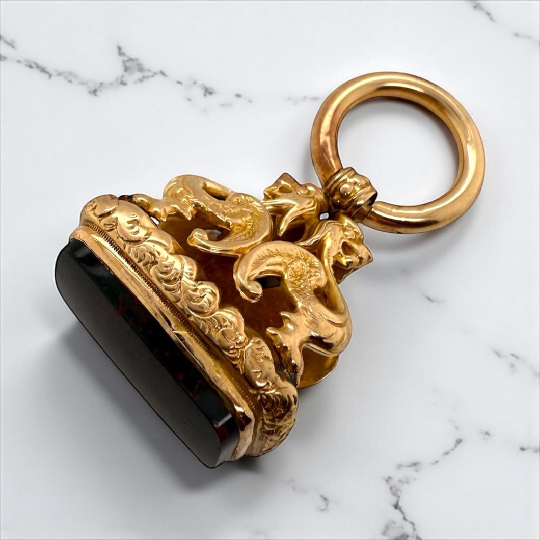 Vintage Large Griffin Bloodstone Watch Fob Pendant 14K Rose Gold