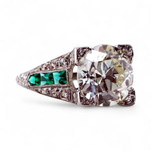 Vintage 2.14 Carat Old European Cut Diamond & Emerald Platinum Engagement Ring