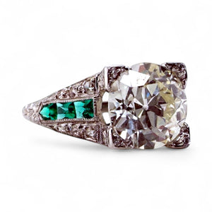 Vintage 2.14 Carat Old European Cut Diamond & Emerald Platinum Engagement Ring