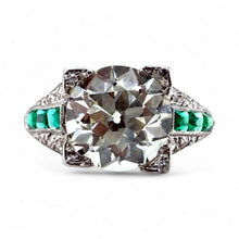 Vintage 2.14 Carat Old European Cut Diamond & Emerald Platinum Engagement Ring