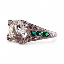 Vintage 2.14 Carat Old European Cut Diamond & Emerald Platinum Engagement Ring