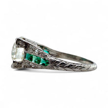 Vintage 2.14 Carat Old European Cut Diamond & Emerald Platinum Engagement Ring